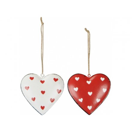 2 Assorted Red & White Hanging Hearts, 9cm