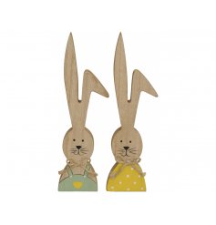 An assortment of 2 wooden bunny decorations with adorable seasonal outfits and rustic bows