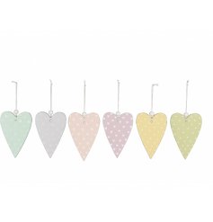 An assortment of 6 wooden hanging hearts in a rainbow of pretty pastel colours.