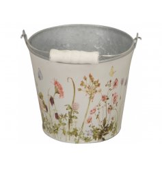 A silver bucket with carry handle. Decorated with the most enchanting wild flower design in pretty spring colours.