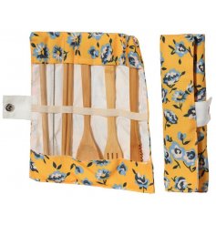 A Floral Designed Cutlery Set with Canvas Holder