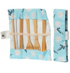 A Cutlery Bamboo Set in Blue Daisy Canvas Holder