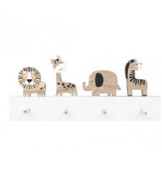 A gorgeous storage unit with 4 hooks and 4 beautifully illustrated wooden animals.