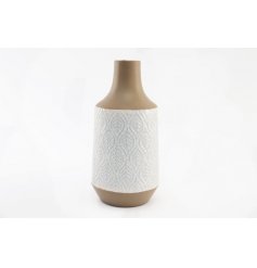 An attractive, on trend vase with a pretty embossed leaf design wrapped around the body.