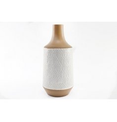 A stylish bohemian inspired vase with a white embossed leaf design and crackled glaze finish. 