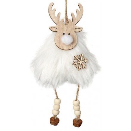 Fur Wooden Hanging Reindeer, 24cm
