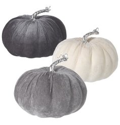 3 Assorted Velvet Pumpkins in White & Grey Mix