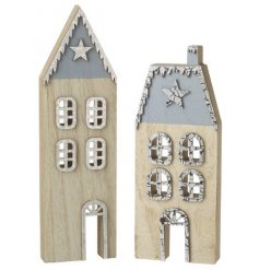 2 Assorted Wooden Houses with Silver Star Decal