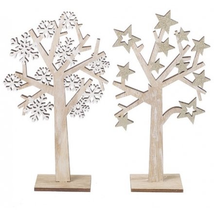 2 Assorted Wooden Snowflake & Star Tree Mix, 22cm