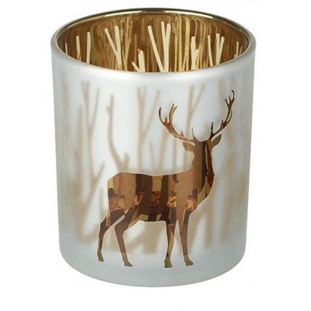 Glass T-Light Holder with Deer, 8cm