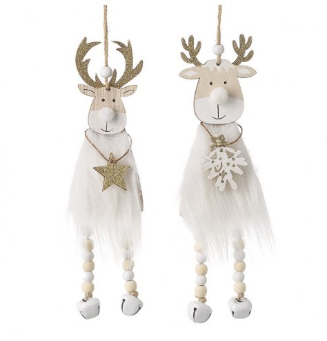 An Assortment of 2 Wooden, White and Gold Hanging Reindeer Decoration