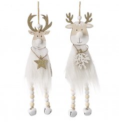 2 Assorted Wooden, White and Gold Reindeer Hanging Decorations