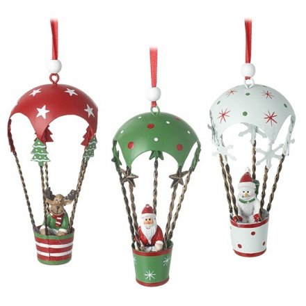 3 Assorted Santa, Snowman & Deer In Hot Air Balloons, 12cm