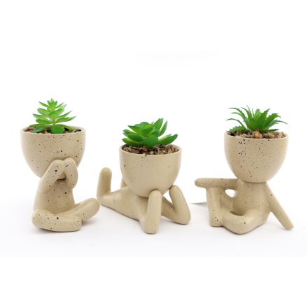 Assortment of 3 Sitting Man Succulent Pot, 12cm