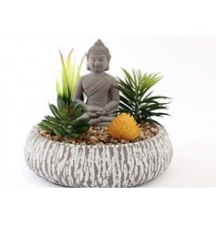 A Grey Planter With Succulents And Buddha Ornament 
