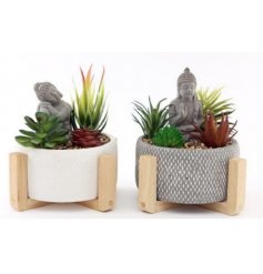 An Assortment of 2 Planters With Succulents and Buddha Ornaments