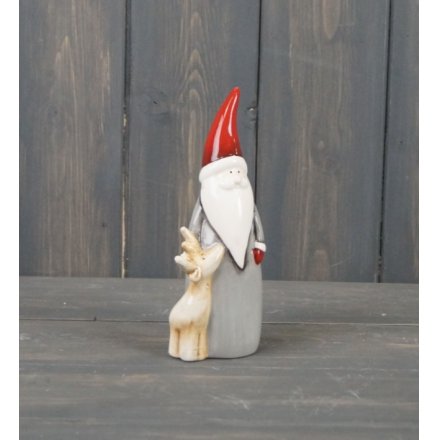 Medium Grey Ceramic Santa with Reindeer
