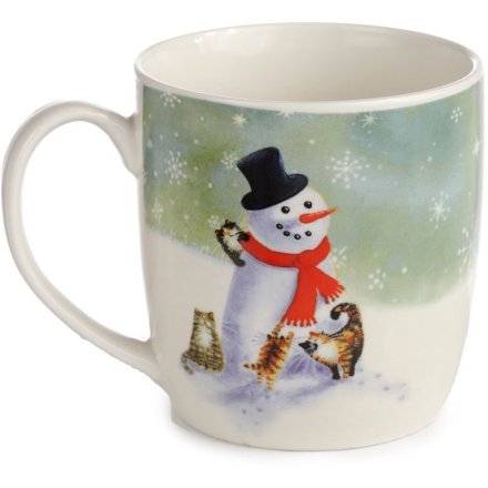Snowman And Cats Christmas Porcelain Mug Kim Haskins 