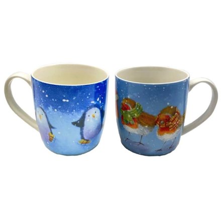 Jan Pashley Christmas Robin And Skating Penguins Set Of 2 Porcelain Mugs