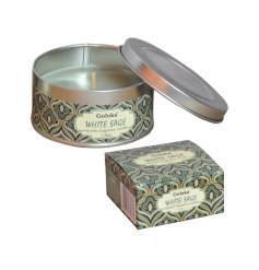 A Calming Fragranced Candle Tin in White Sage