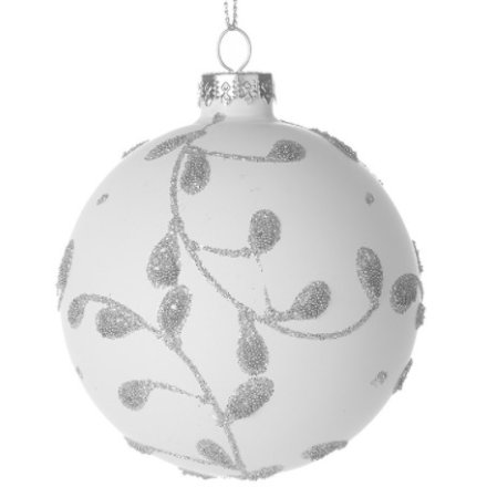 White Glass Bauble With Silver Leaves, 8cm