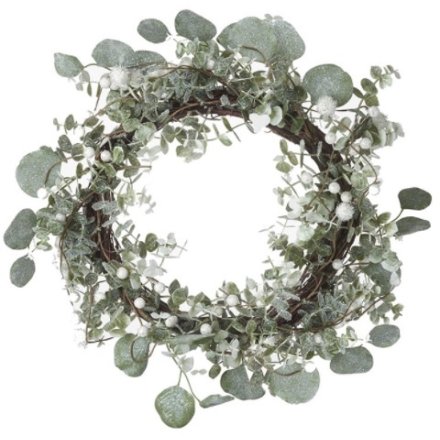  45cm Green Leaf & White Berry Wreath