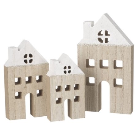 Set of 3 Small White Roof Wooden Houses