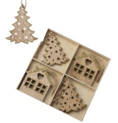 A Set of Wooden Hanging Decorations with Gold Glitter Details