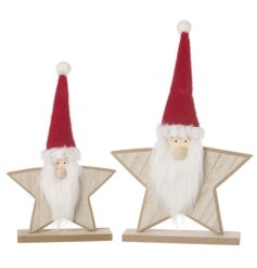 Assortment of 2 Light Wooden Star Decorations with Santa