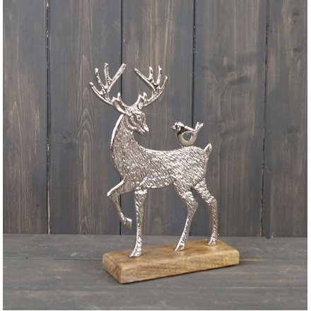 Silver Reindeer On Wooden Base (22cm)