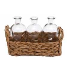 A Set of 3 Clear Glass Vases With Neutral Tray