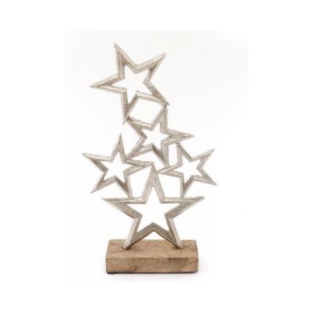 Christmas Silver Stars On Wooden Base, 19cm
