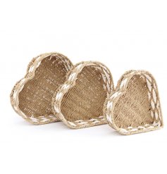 A Boho Inspired Set of 3 Woven Baskets in Heart Design