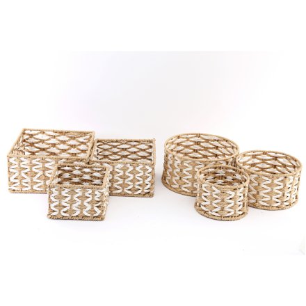 Set of 3 atural & White Woven Baskets Mix