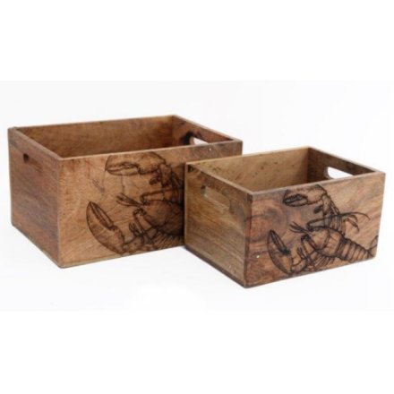Set of 2 Wooden Crates With Lobster, 25cm