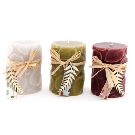 Assortment of 3 Leaf Embossed Candles, 10cm