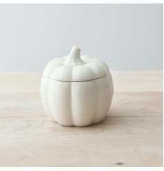A chic white pumpkin shaped storage pot with silicone seal. Perfect for storing your favourite seasonal treats. 