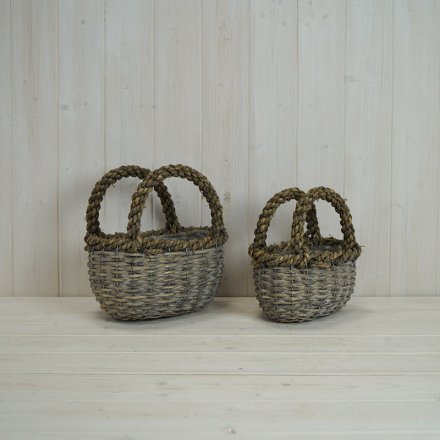 Set Of 2 Grey Rectangle Chunky Baskets, 19cm