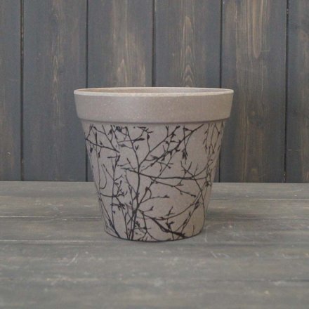 (15cm) Warm Grey Flower Pot With Branch Design