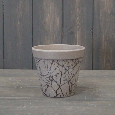 Grey Straw Flower Pot With Silhouette Branch Design (11cm)