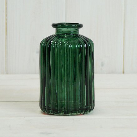 10cm Green Ribbed Glass Bottle