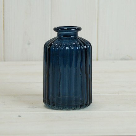 10cm Blue Ribbed Glass Bottle