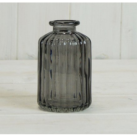 10cm Smokey Grey Ribbed Glass Bottle