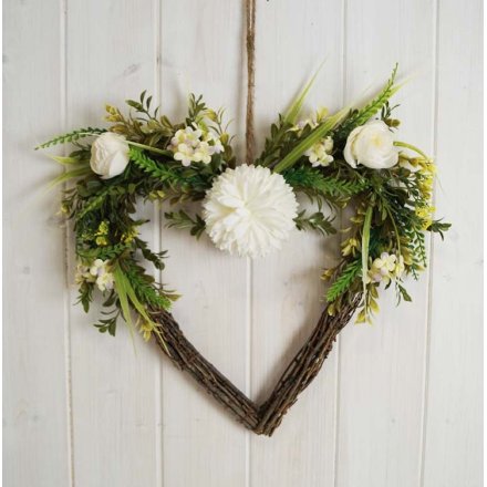 Natural Spring Heart Wreath With Leaves And Flowers, 36cm