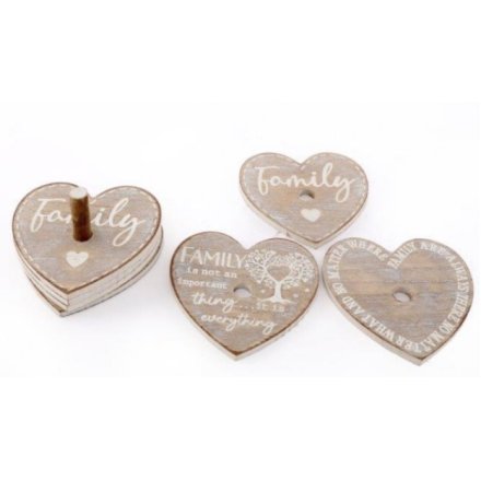 Set of 6 Heart Coasters With Family Wording, 10cm