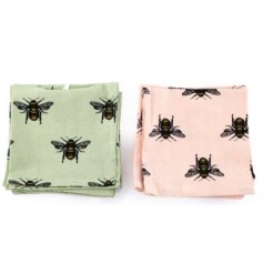 A pack of 4 beautifully illustrated luxury bee napkins in pink and green pastel hues.