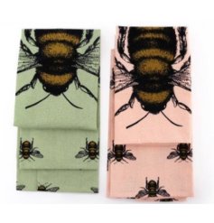 A set of 2 beautifully illustrated summer bee tea towels in richly coloured green and pink pastel hues.