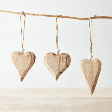 Assortment of 3 Natural Wooden Hearts, 8cm