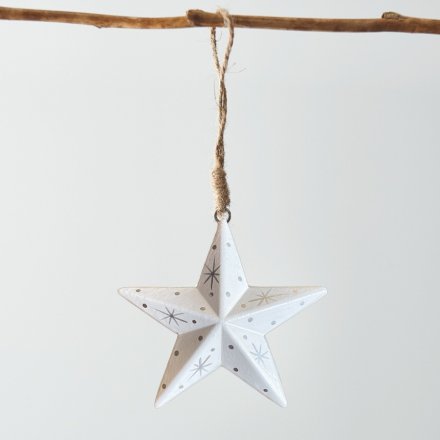 Wooden White & Silver Hanging Star, 11cm