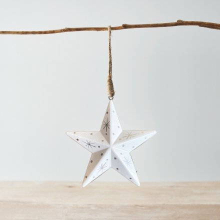 Small Wooden White & Silver Hanging Star, 7.5cm